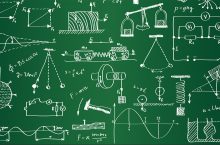 Image of physics equations, experiments, and symbols.